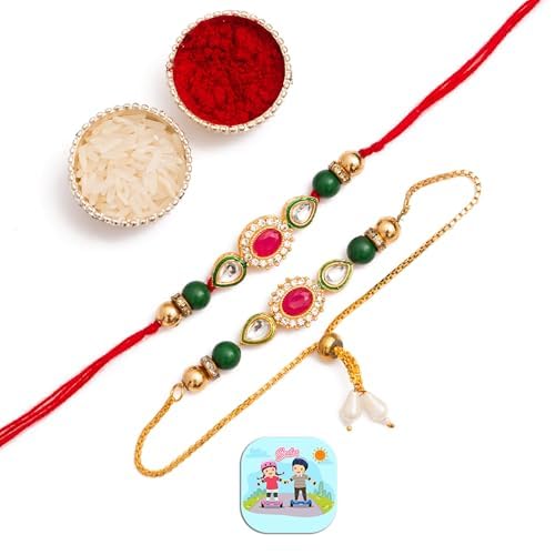 CraftVatika Rakhi Set for Brother and Bhabhi, Lumba Floral Rakhi Kundan Bracelet Rakhis for Bhaiya Bhabhi Rakhis for Rakshabandhan Couple Pearl Set of 2 with Fridge Magnet Gift
