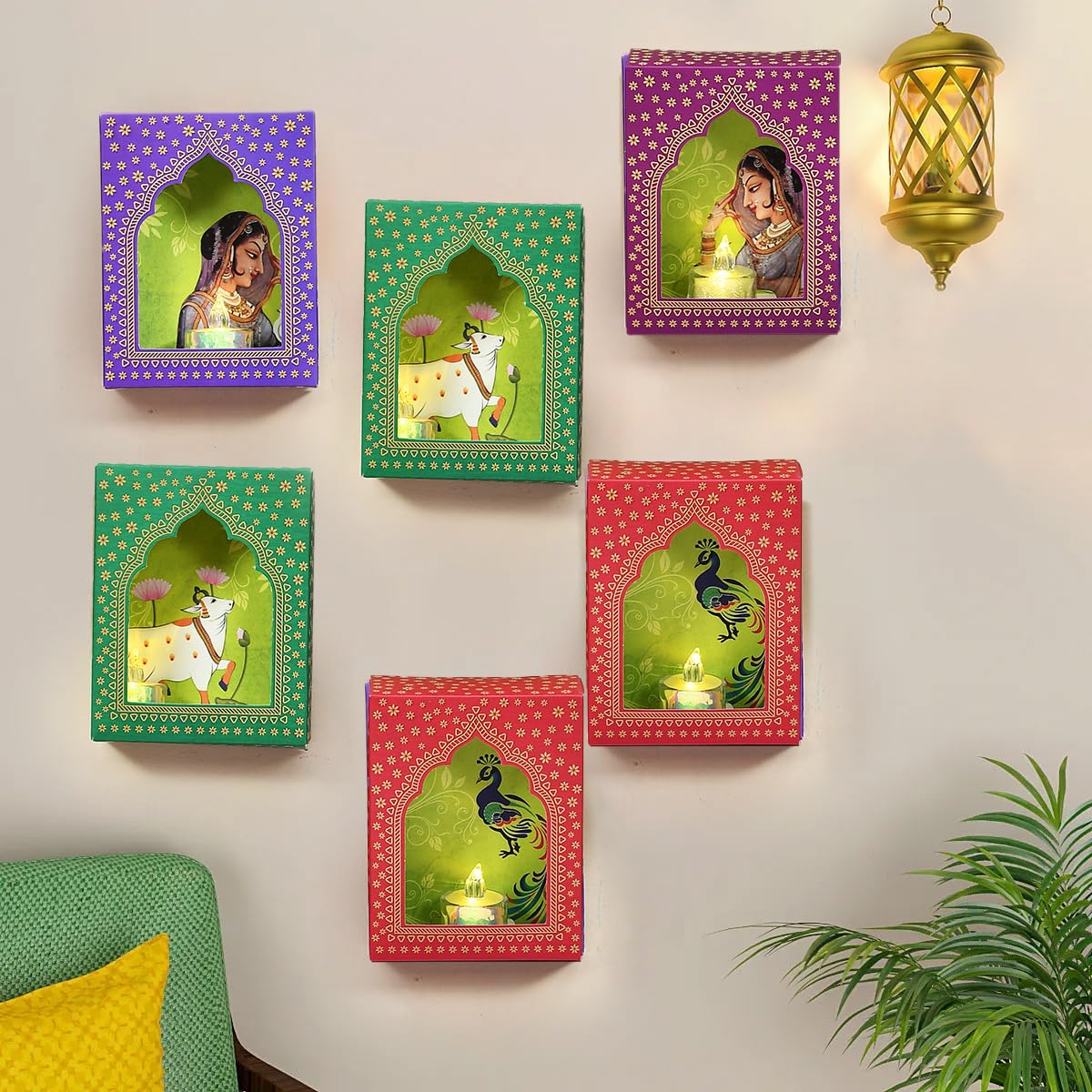 Jharokha Diyas Set of 6 with LED Candle Diwali Decoration Items Wall Hanging Decorations ( DFMW452-6 Pc)