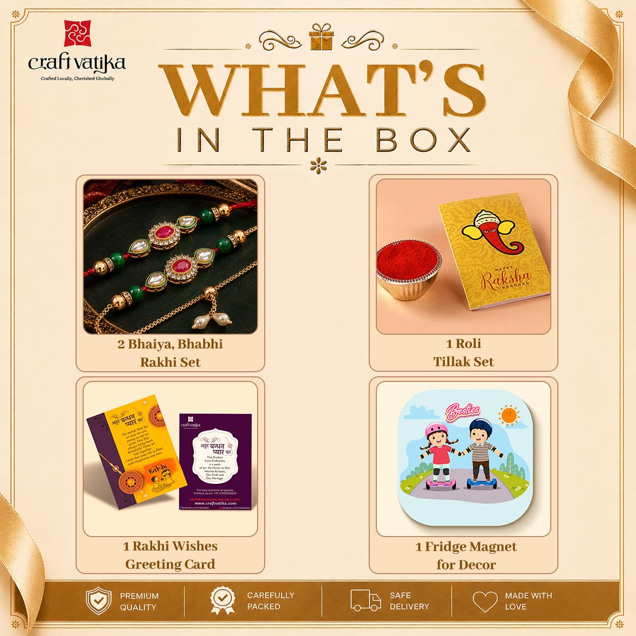 CraftVatika Rakhi Set for Brother and Bhabhi, Lumba Floral Rakhi Kundan Bracelet Rakhis for Bhaiya Bhabhi Rakhis for Rakshabandhan Couple Pearl Set of 2 with Fridge Magnet Gift