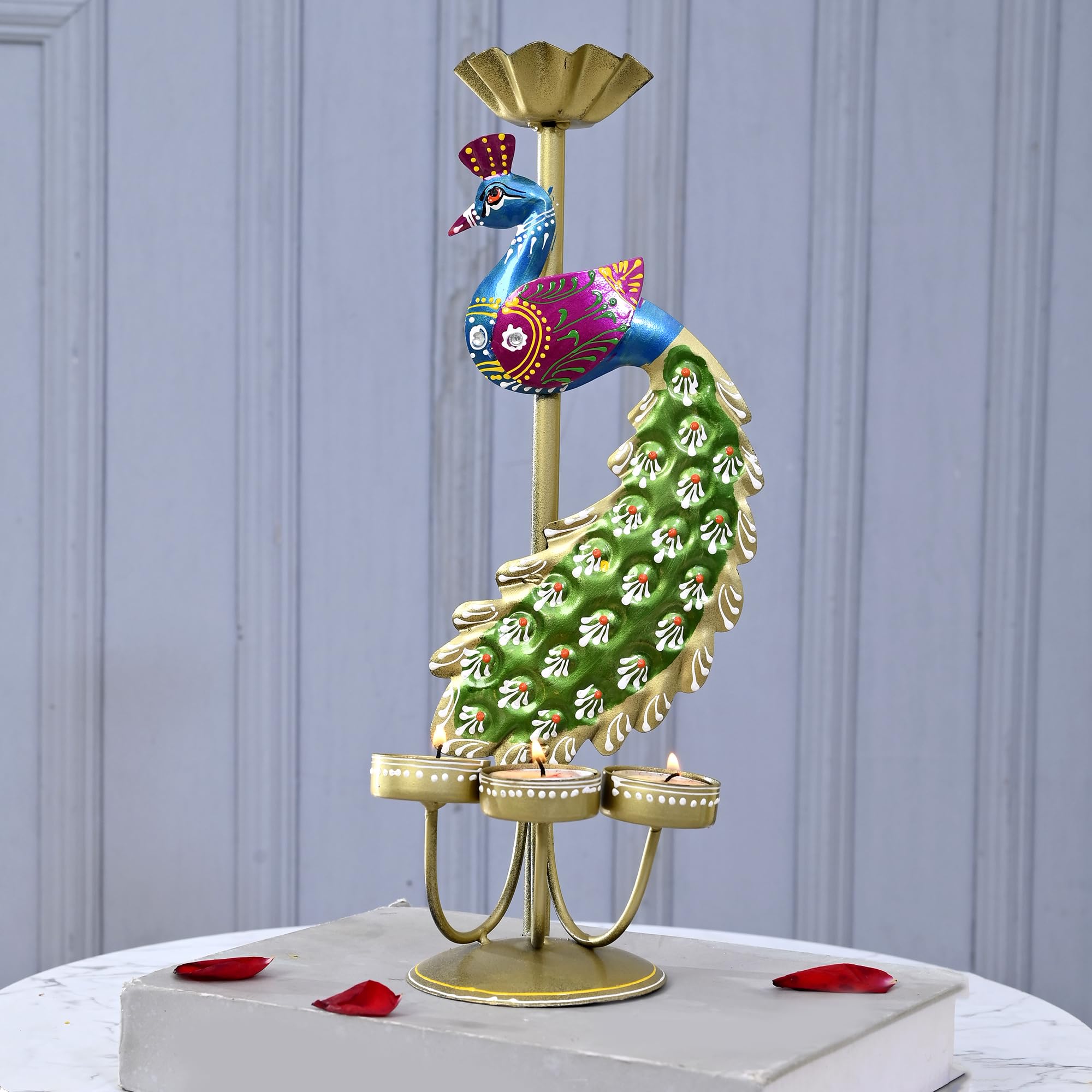 Elegant Metal Peacock Candle Holder - Perfect Home Decoration Diwali, Intricate Design Tealight Candle Holders for Home Diwali Christmas Decor, Handpainted Tealight Candle Holder (Single Side) (TCMH422)