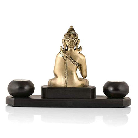 Blessing Buddha Brass Idol On Wooden Base With Tealight Candle Holder Statue