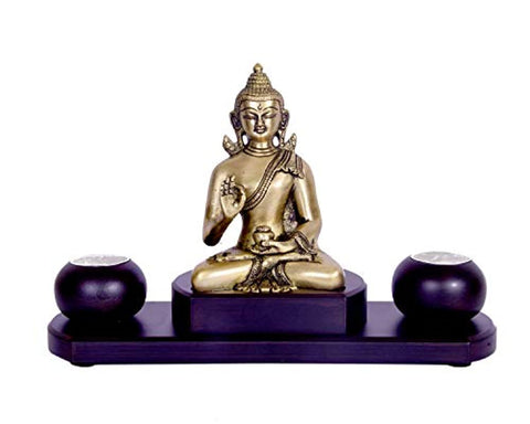 Blessing Buddha Brass Idol On Wooden Base With Tealight Candle Holder Statue