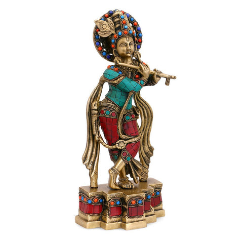 Brass Standing Flute Playing Krishna Statue Kts107