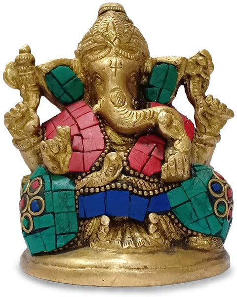 Blessing Idol Of Lord Ganpati With Multicolored Stone Gts250
