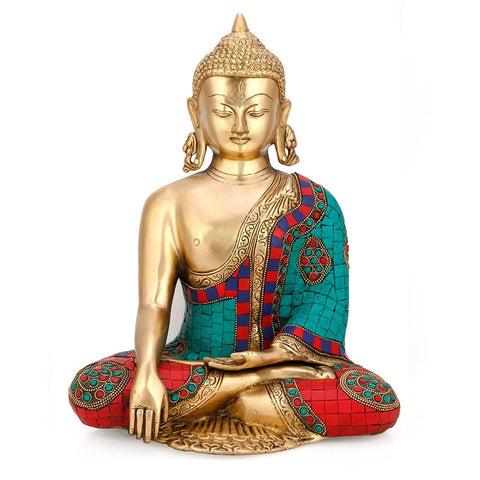 Brass Buddha Idol Multicolored Stones Showpiece Bts227