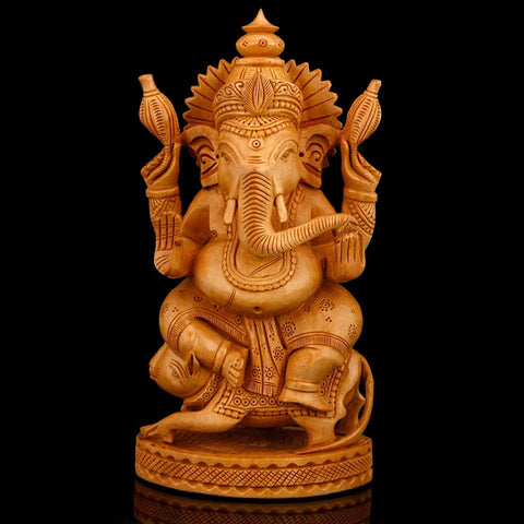 Idol Of Ganesha Sitting On Mooshak Mouse Wooden Statue Gws141