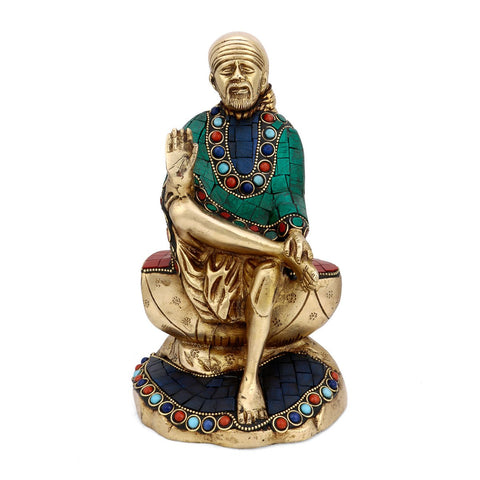 Brass Blessing Sai Baba Seating On Rock Idol Showpiece Sits106