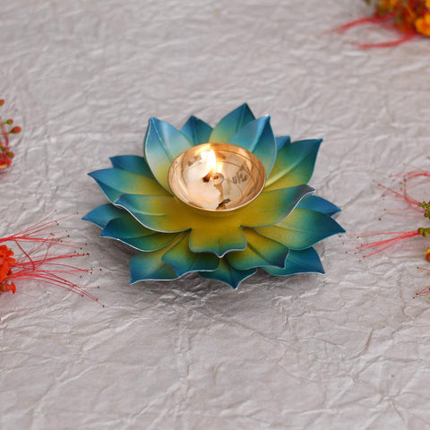 Kamal Diya Deepak Lotus Brass Diyas Oil Lamp Pooja, Diwali Gifts-Dfbs201-Blue