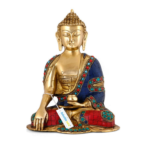 Earth Touching Brass Lord Buddha Idol Statue, 9.5X8X5.5,Depth,Multicolour-Bts217