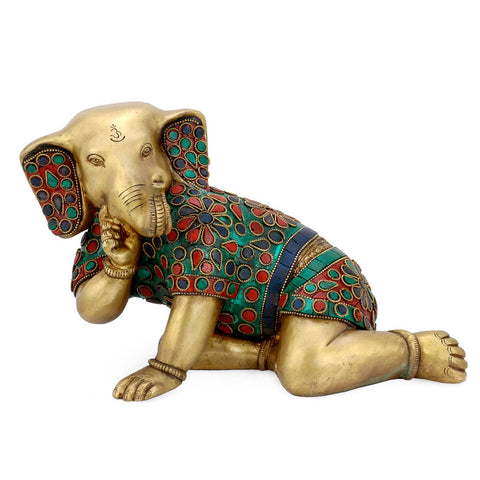Crawling Baby Ganesha Brass Statue With Turquoise Work