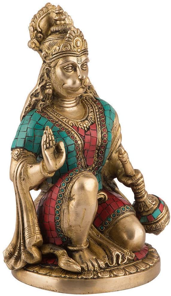 Brass Hanuman Murti in Blessing Sculpture with Gada Statue