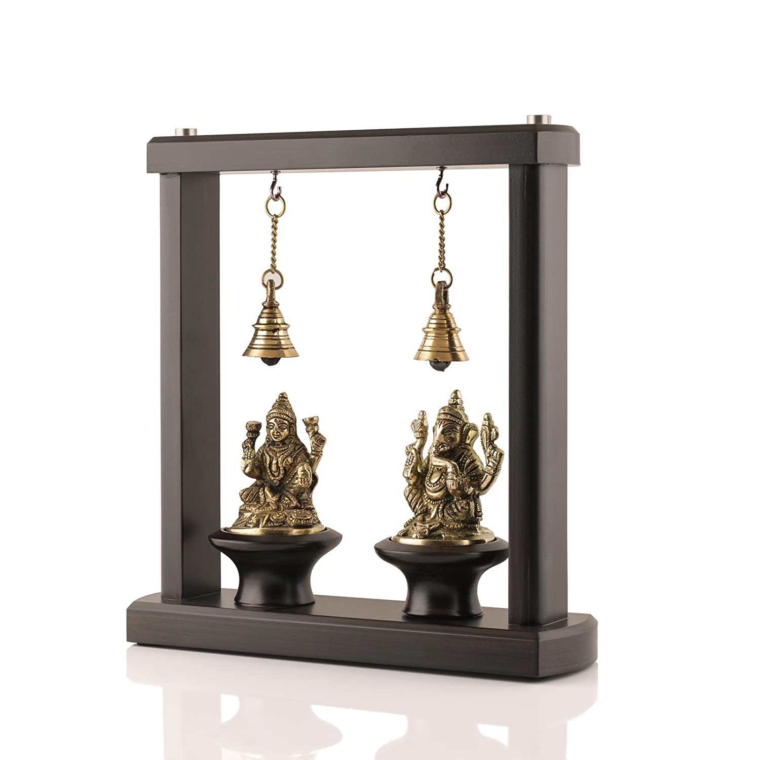 Brass Lakshmi Ganesha Idol Murti With Hanging Bells Wooden Base Statue