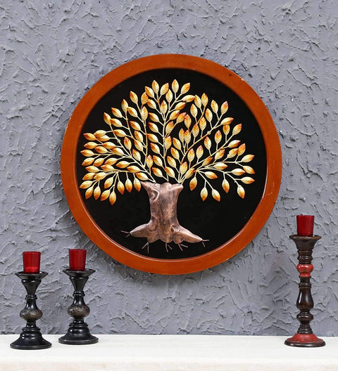 Metal Tree Wall Art With Circle Shape Mdf Frame