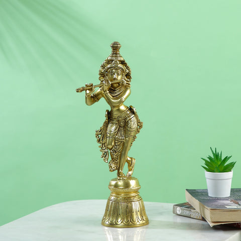 Brass Krishna Idols Showpiece Flute Playing Krishan