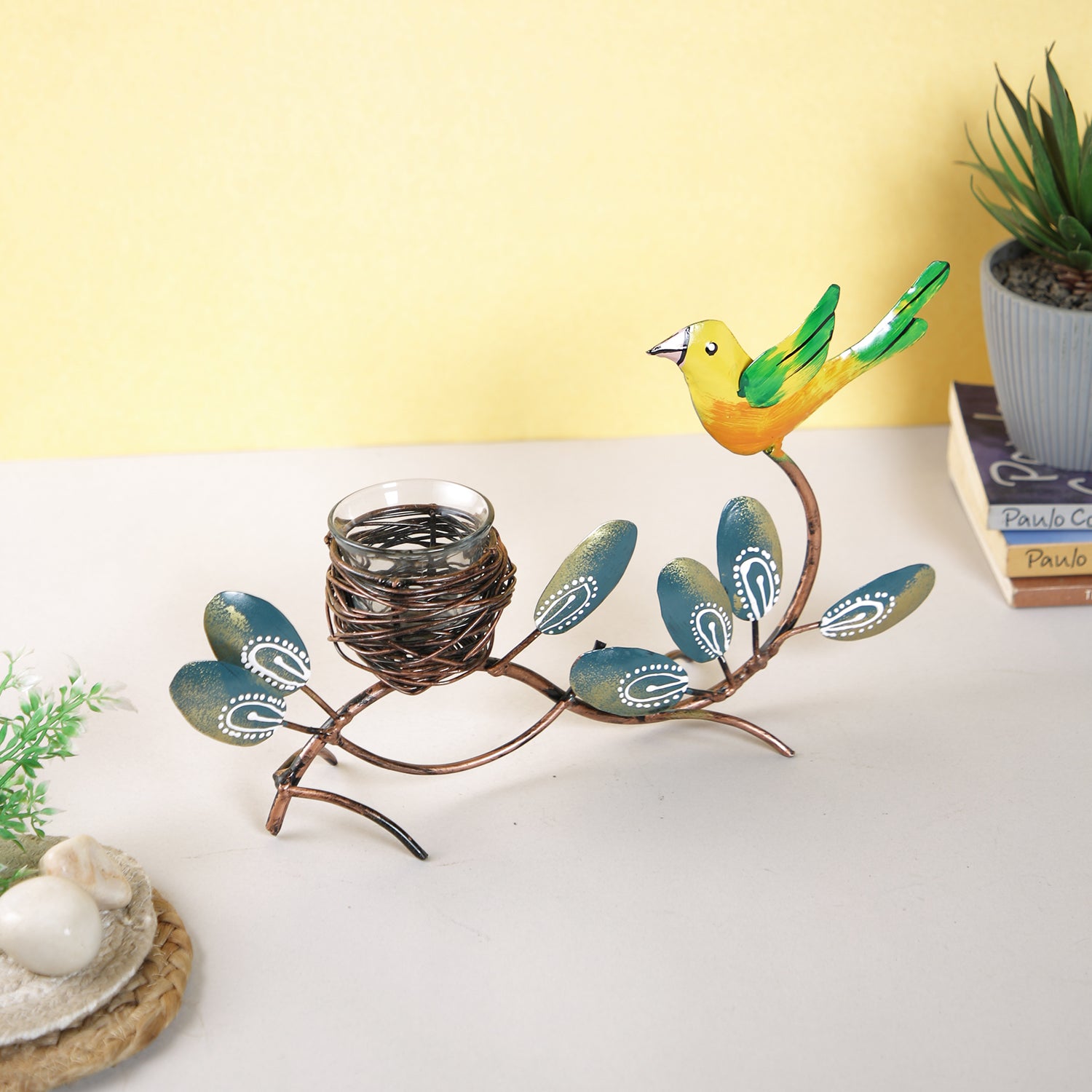 Metal Bird Sparrow Nest Leaf With Tealight Candle Holder