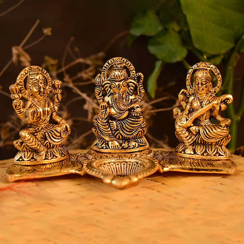 Sitting Laxmi Ganesh Saraswati Idol Murti Platter with Diya Oil Lamp
