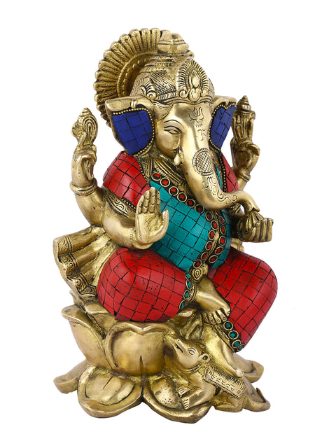 Brass Blessing Ganesh Idol Sitting On Lotus Statue Gts158