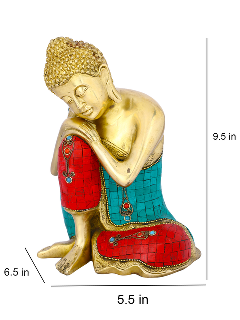 Brass Resting Buddha With Colorful Stone Inlay Statue For Home Decoration