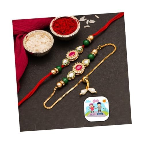 CraftVatika Rakhi Set for Brother and Bhabhi, Lumba Floral Rakhi Kundan Bracelet Rakhis for Bhaiya Bhabhi Rakhis for Rakshabandhan Couple Pearl Set of 2 with Fridge Magnet Gift