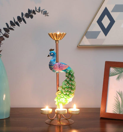 Elegant Metal Peacock Candle Holder - Perfect Home Decoration Diwali, Intricate Design Tealight Candle Holders for Home Diwali Christmas Decor, Handpainted Tealight Candle Holder (Single Side) (TCMH422)