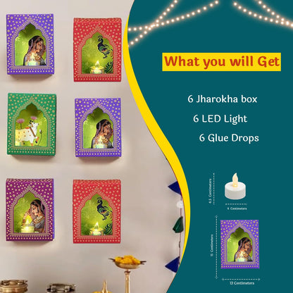 Jharokha Diyas Set of 6 with LED Candle Diwali Decoration Items Wall Hanging Decorations ( DFMW452-6 Pc)