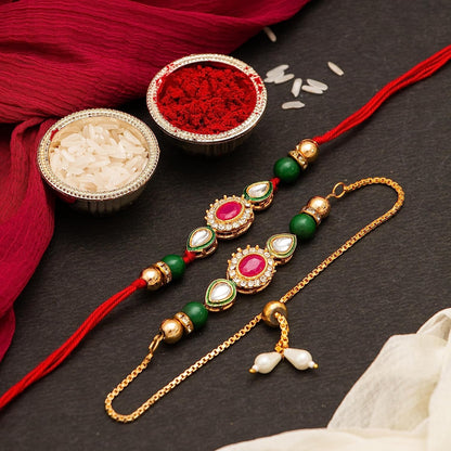 CraftVatika Rakhi Set for Brother and Bhabhi, Lumba Floral Rakhi Kundan Bracelet Rakhis for Bhaiya Bhabhi Rakhis for Rakshabandhan Couple Pearl Set of 2 with Fridge Magnet Gift