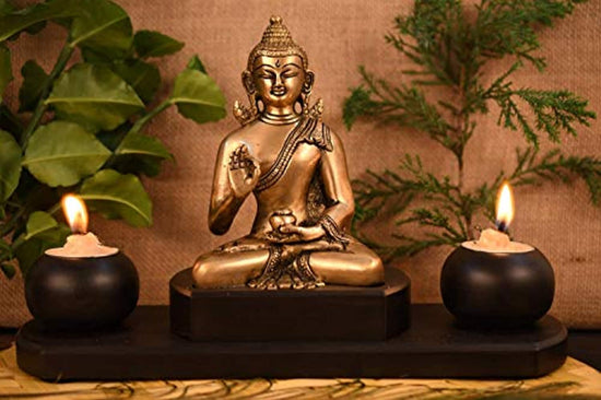 Blessing Buddha Brass Idol On Wooden Base With Tealight Candle Holder Statue