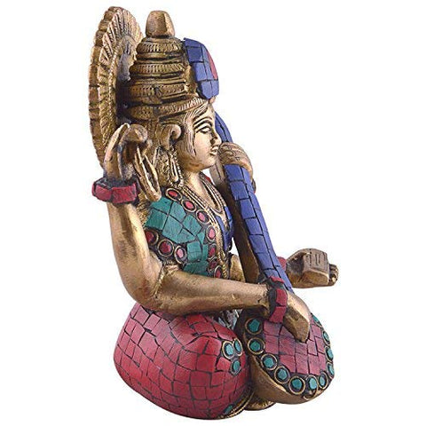 Goddess Sarasvati Playing Veena Brass Worship Statue
