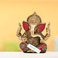 Brass Handmade Ganesha Statue With Work Of Colorful Stones Gts202