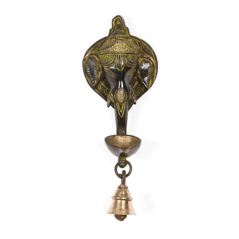 Brass Elephant Face Oil Lamp Diya With Bell Wall Hanging Showpiece