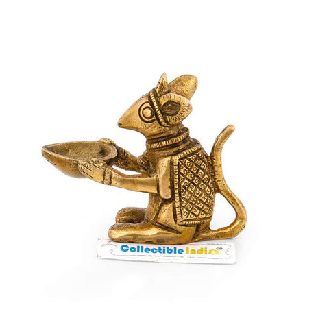 Brass Mouse Holding Diya Oil Lamp Stand Showpiece 