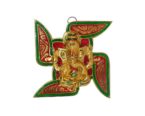 Metal Ganesha Idol On Swastik Plate Wall Hanging Showpiece Gmw118