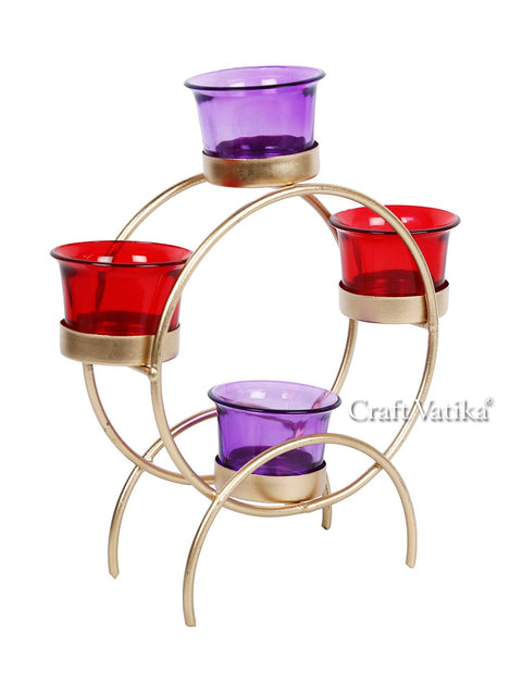 Iron Tealight Candle Holder With 4 Glass Cup Candles Stand Table Home Decor