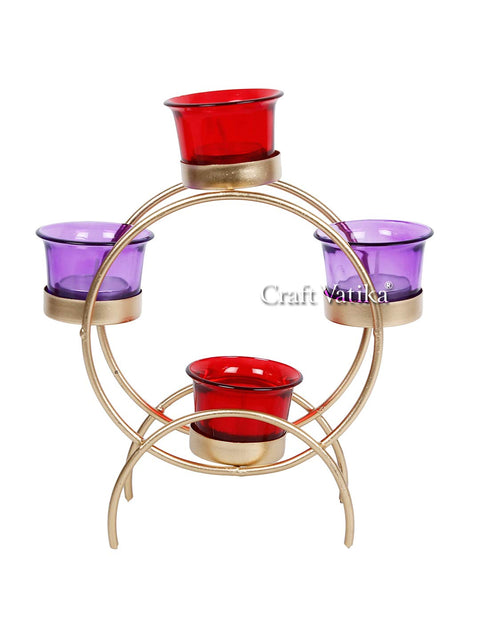 Iron Tealight Candle Holder With 4 Glass Cup Candles Stand Table Home Decor