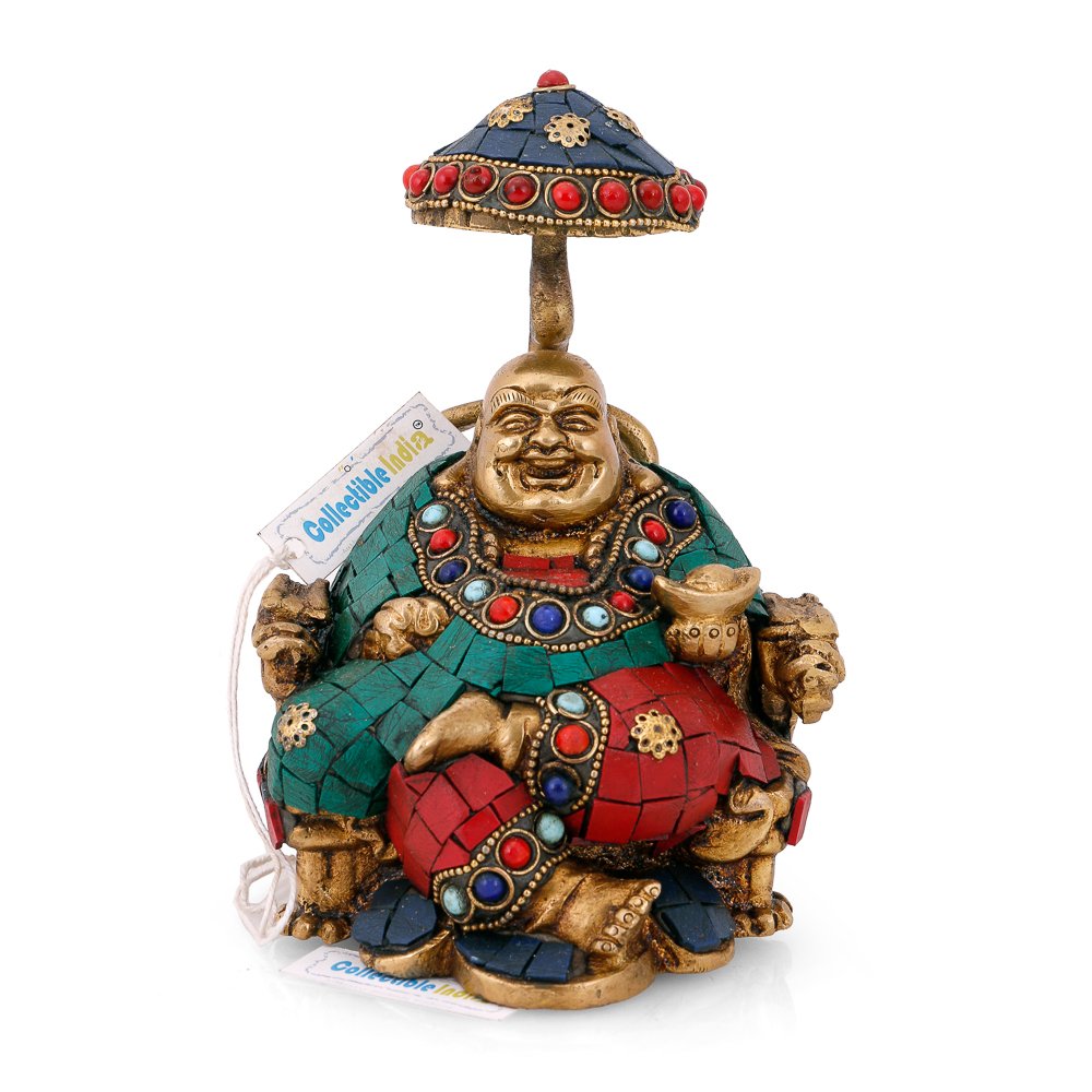 Brass Laughing Buddha Statue Sitting Under Umbrella-Bts198