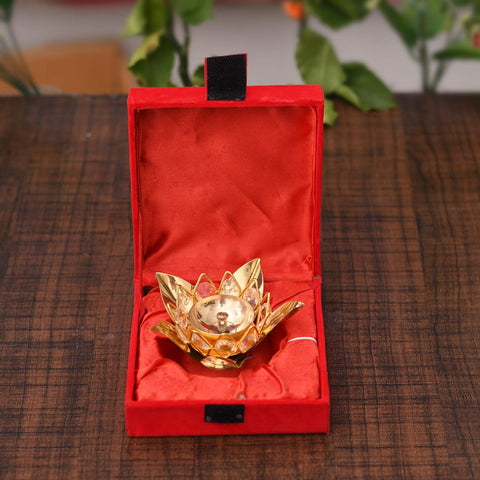 Brass Crystal Lotus Shape Diya Deepak With Gift Box-Dfbs198