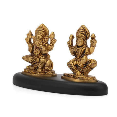 Laxmi Ganesh Brass Idol Murti Sitting On Wooden Base Statue 