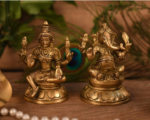 Brass Set Of Lakshmi Ganesha Idol Murti Statue