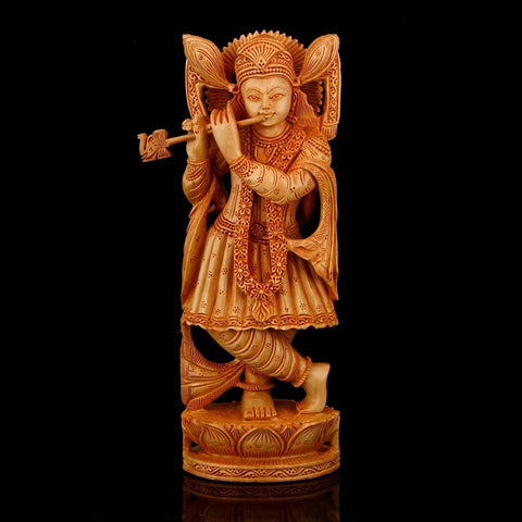 Krishna Playing flute Sculpture - Home Decor Wooden Statue