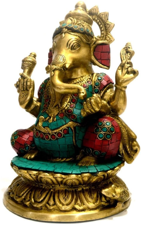  Large Brass Lord Ganesh Idol Sitting on Lotus Statue