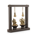 Brass Lakshmi Ganesha Idol Murti With Hanging Bells Wooden Base Statue 