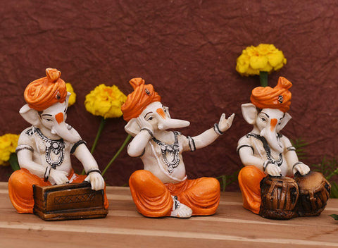 Lord Ganpati Playing Musical Instruments Figurine (Set of 3)