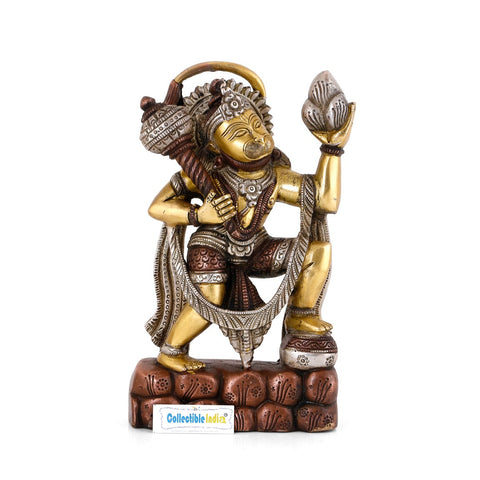 Lord Hanuman Brass Idol Holding Sanjeevani Booti Mountain Statue 