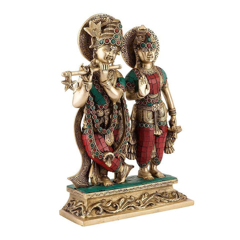 Radha Krishna Brass Statue With Work of Inlay Gemstones