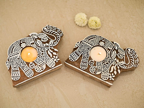 Wooden Elephant Tea Light Candle Holder (Set of 2)