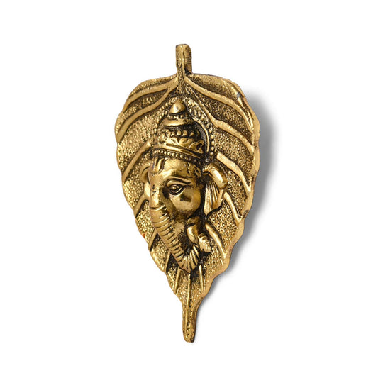 Metal Ganesha Idol On Leaf Wall Hanging Showpiece