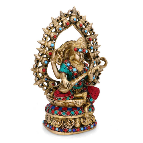 Goddess Saraswati Brass Idol With Turquoise Stone Handwork Sts103