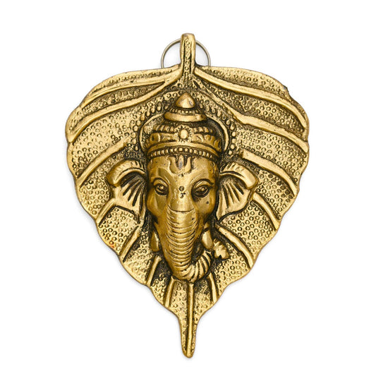 Metal Ganesha Idol On Leaf Wall Hanging Showpiece