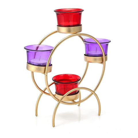 Iron Tealight Candle Holder With 4 Glass Cup Candles Stand Table Home Decor