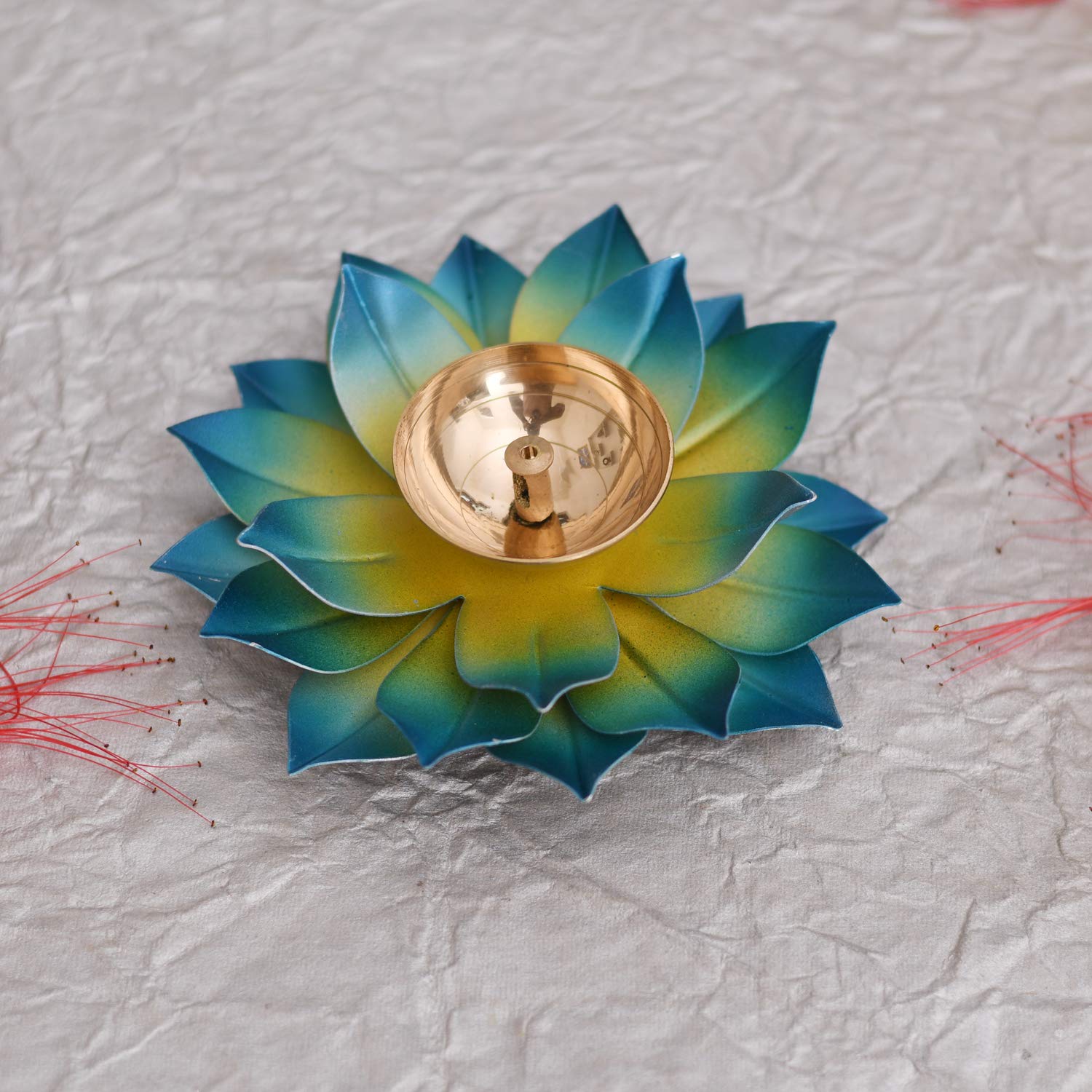 Kamal Diya Deepak Lotus Brass Diyas Oil Lamp Pooja, Diwali Gifts-Dfbs201-Blue